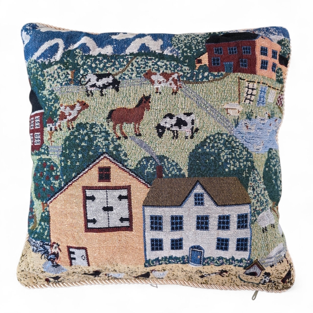 Rustic Farmhouse Farm Scene Countryside Tapestry Throw Pillow – 14" x 14"